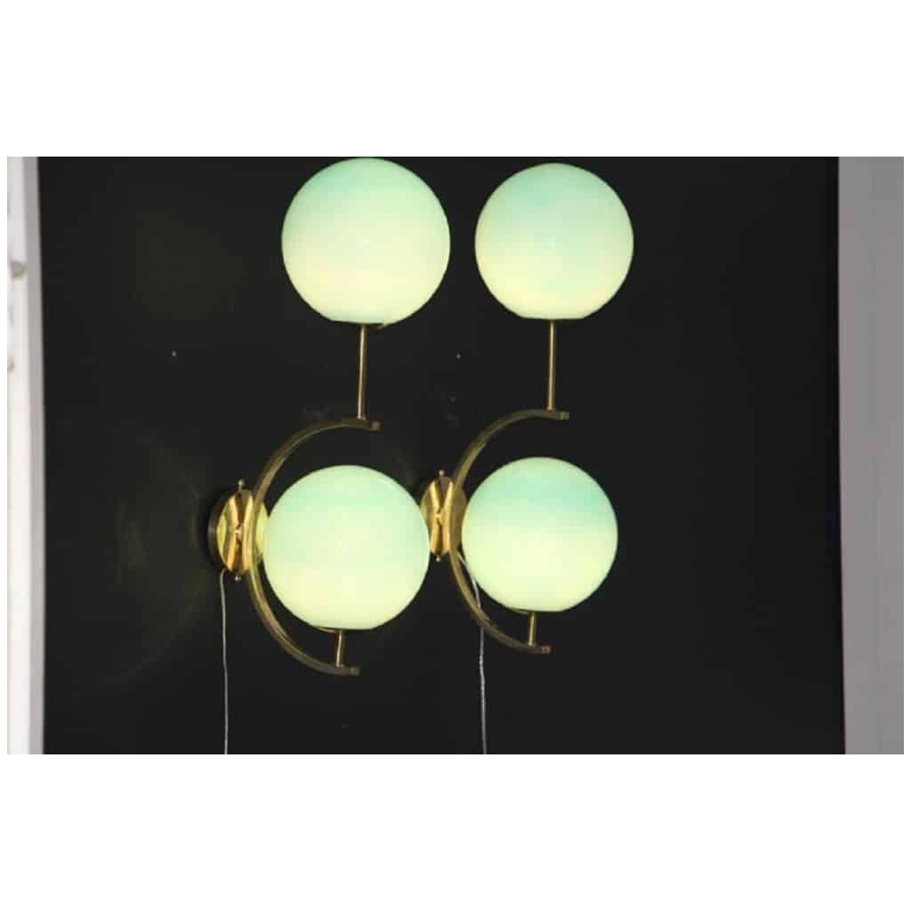 Pair of Mid-Century Modern Italian Sconces in Brass and Turquoise Blue Glass 11
