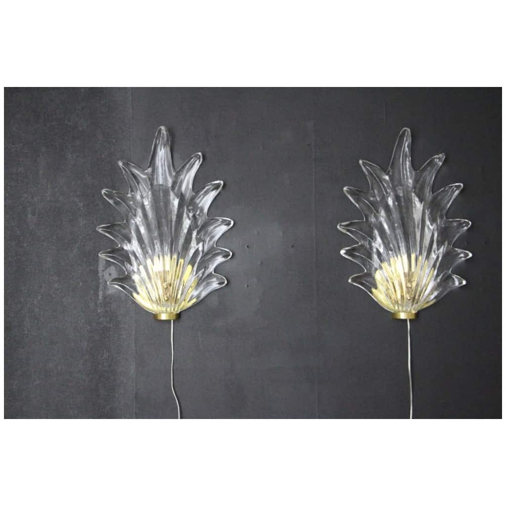 Pair of Barovier Style Clear Murano Glass and Brass Leaf Sconces 3