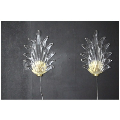 Pair of Barovier Style Clear Murano Glass and Brass Leaf Sconces