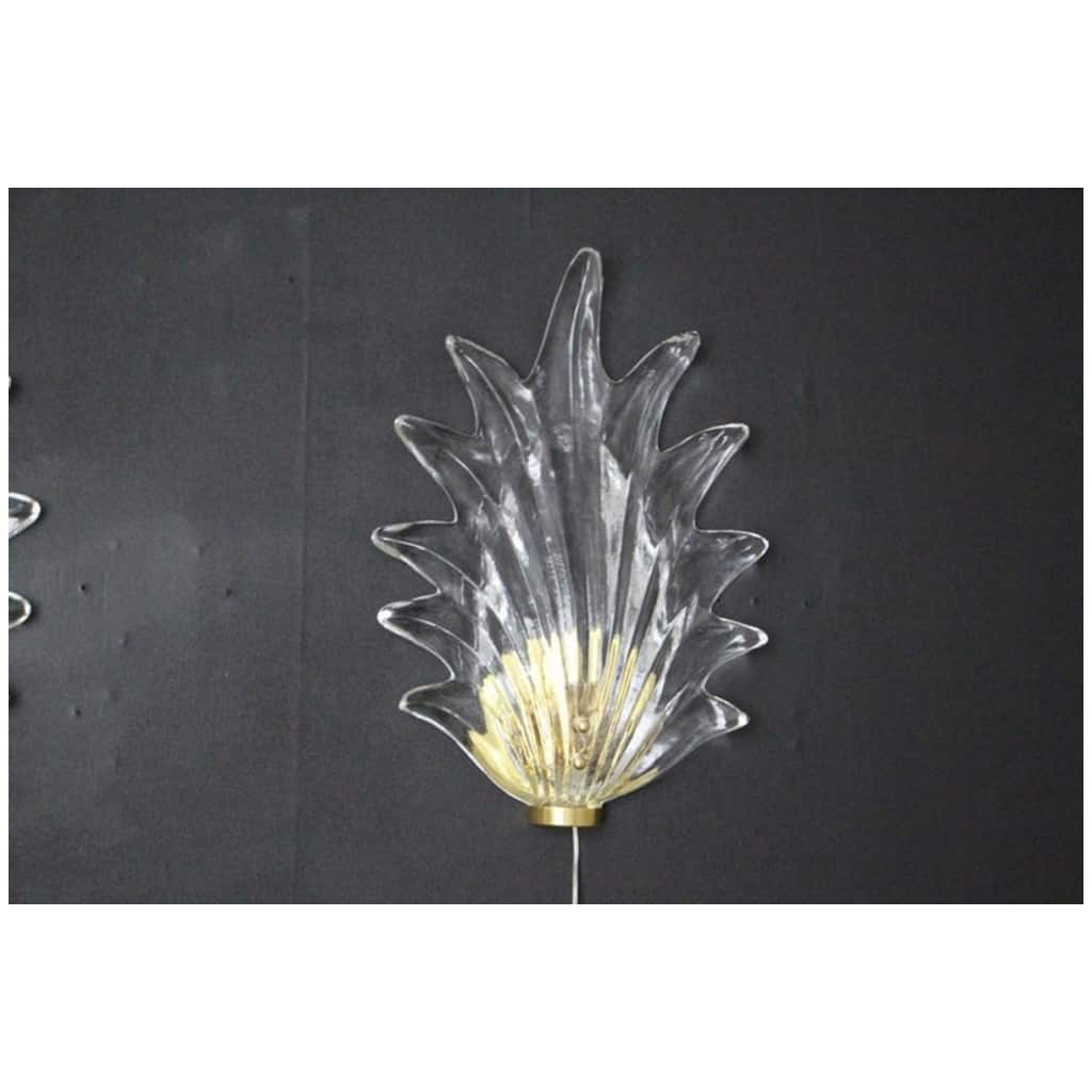 Pair of Barovier Style Clear Murano Glass and Brass Leaf Sconces 5