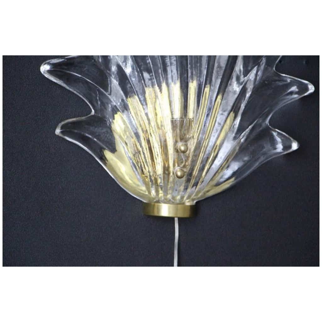 Pair of Barovier Style Clear Murano Glass and Brass Leaf Sconces 7