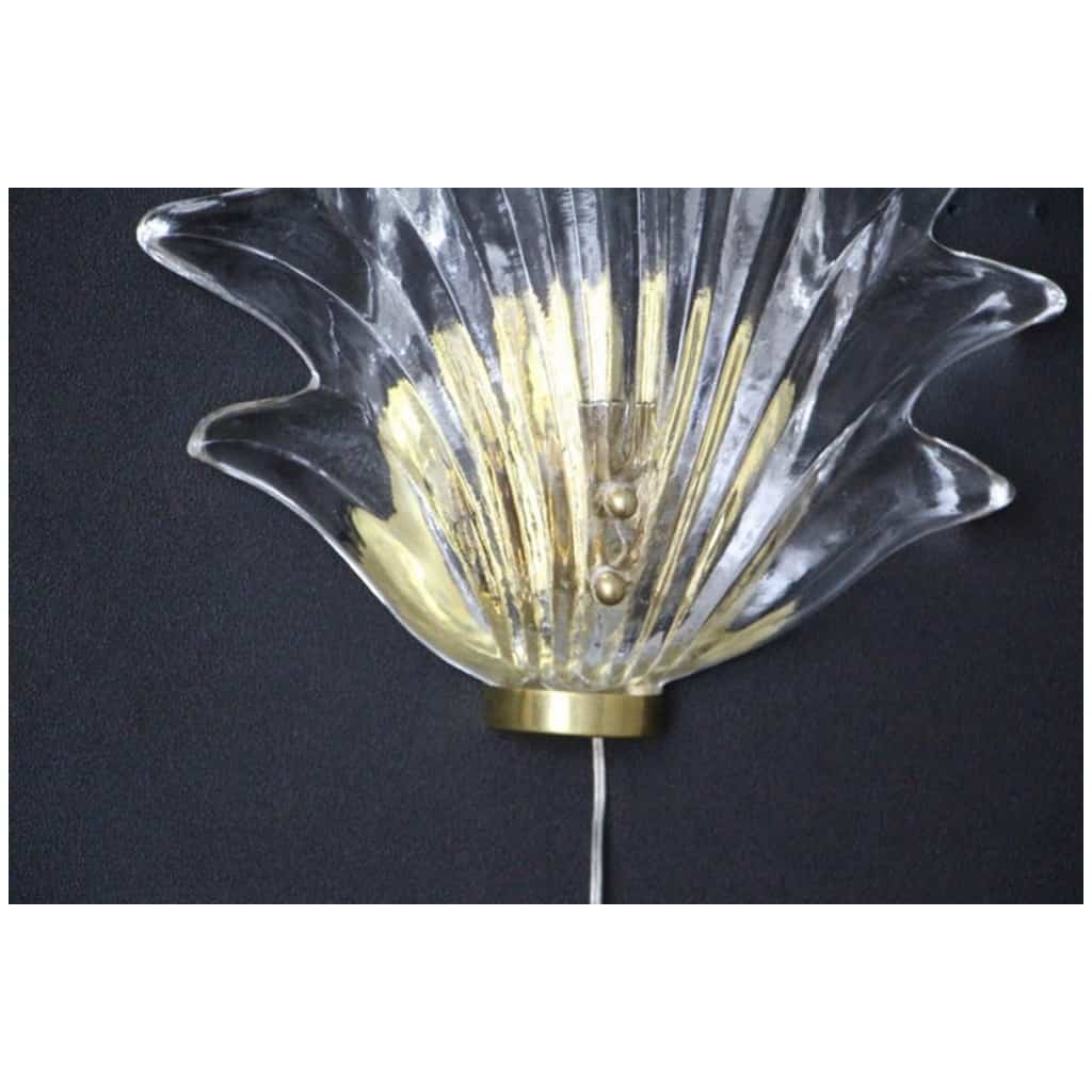 Paire d’Appliques Feuille en Verre de Murano Clair et Laiton de Style Barovier 7