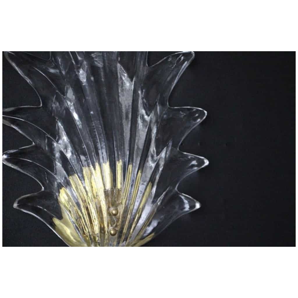 Paire d’Appliques Feuille en Verre de Murano Clair et Laiton de Style Barovier 10