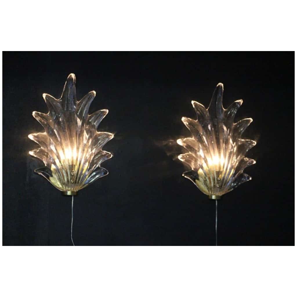 Pair of Barovier Style Clear Murano Glass and Brass Leaf Sconces 11