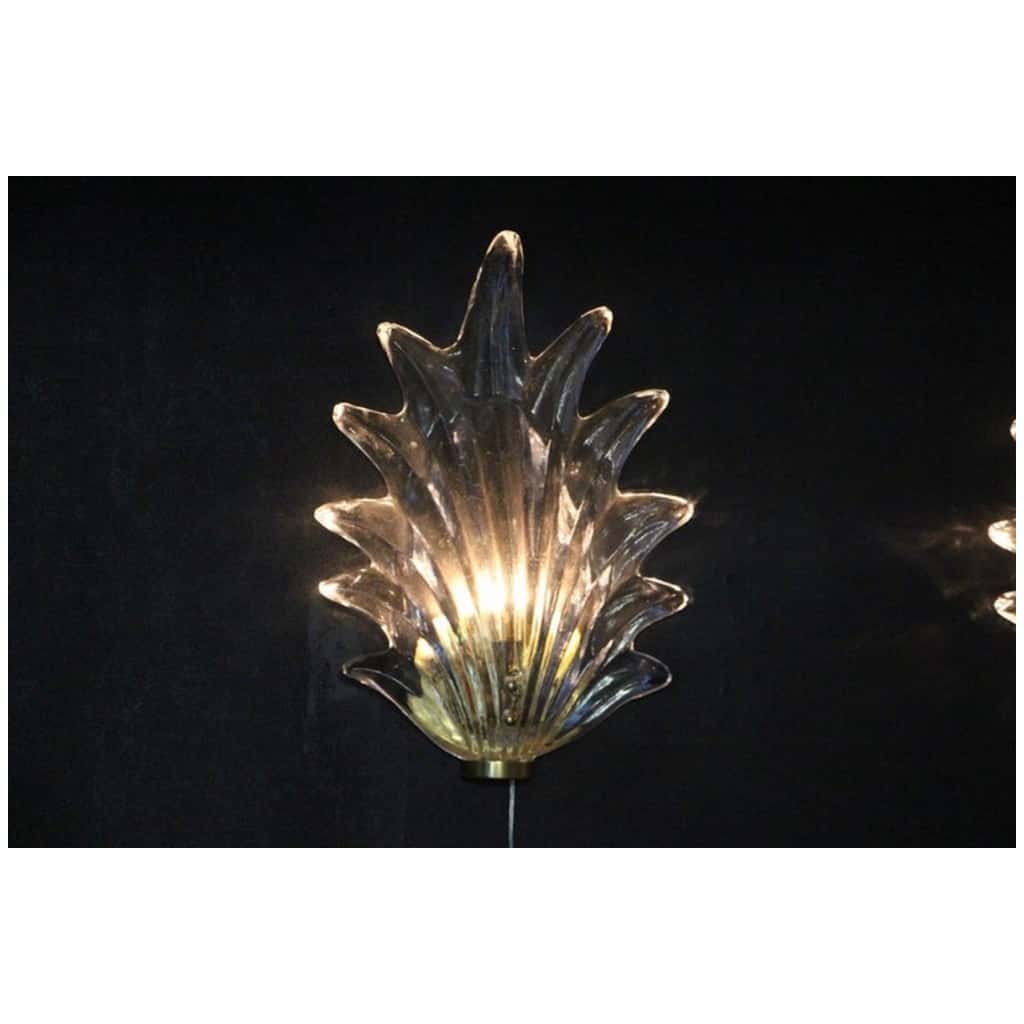 Pair of Barovier Style Clear Murano Glass and Brass Leaf Sconces 12
