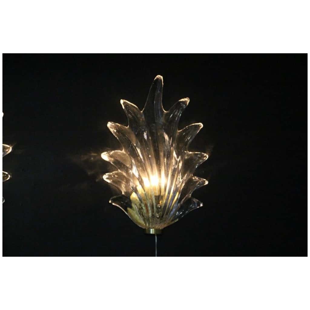 Pair of Barovier Style Clear Murano Glass and Brass Leaf Sconces 13