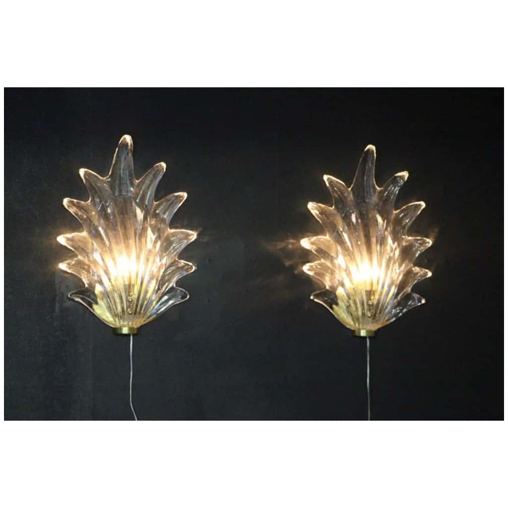 Pair of Barovier Style Clear Murano Glass and Brass Leaf Sconces 14