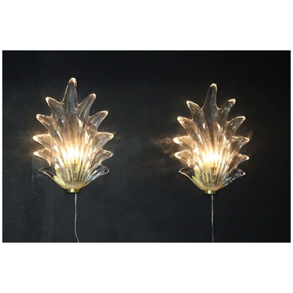 Paire d’Appliques Feuille en Verre de Murano Clair et Laiton de Style Barovier 14