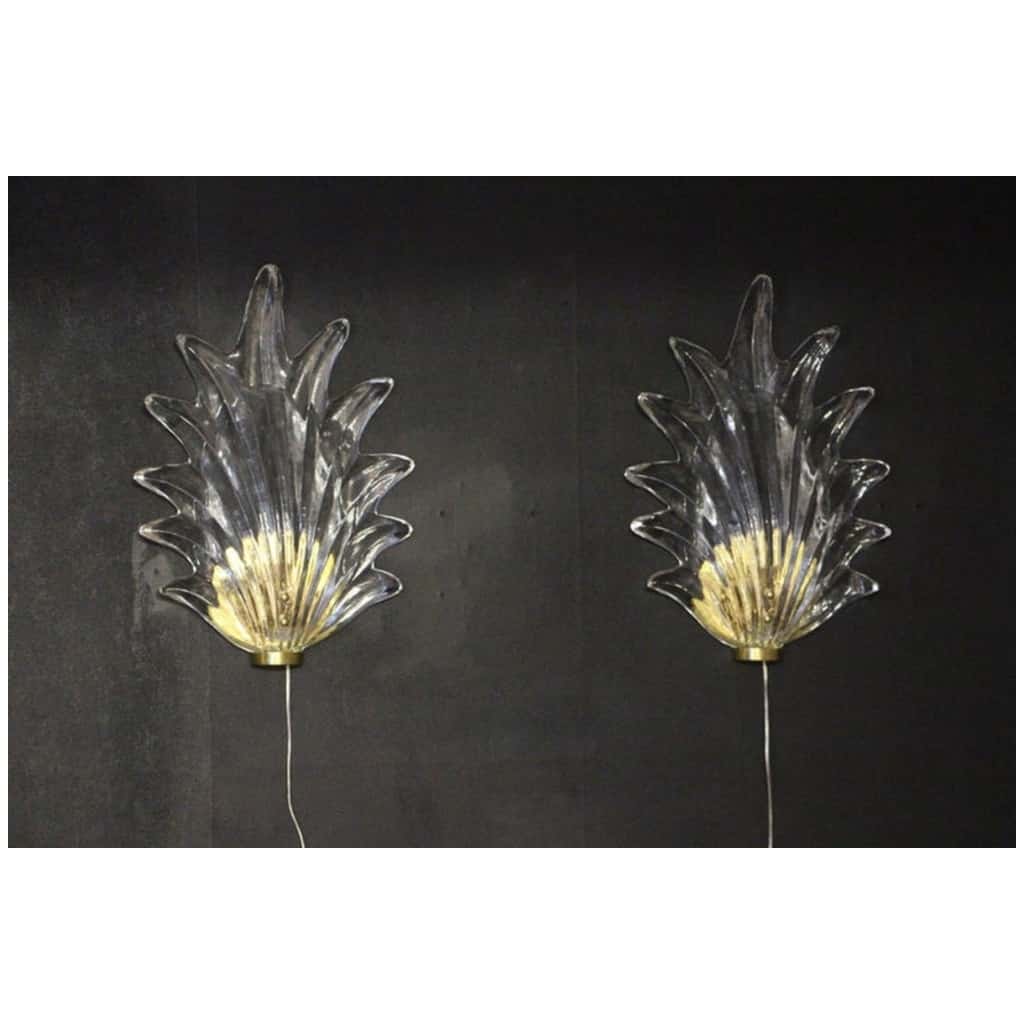 Pair of Barovier Style Clear Murano Glass and Brass Leaf Sconces 15