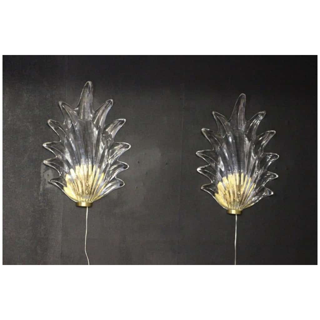 Pair of Barovier Style Clear Murano Glass and Brass Leaf Sconces 16