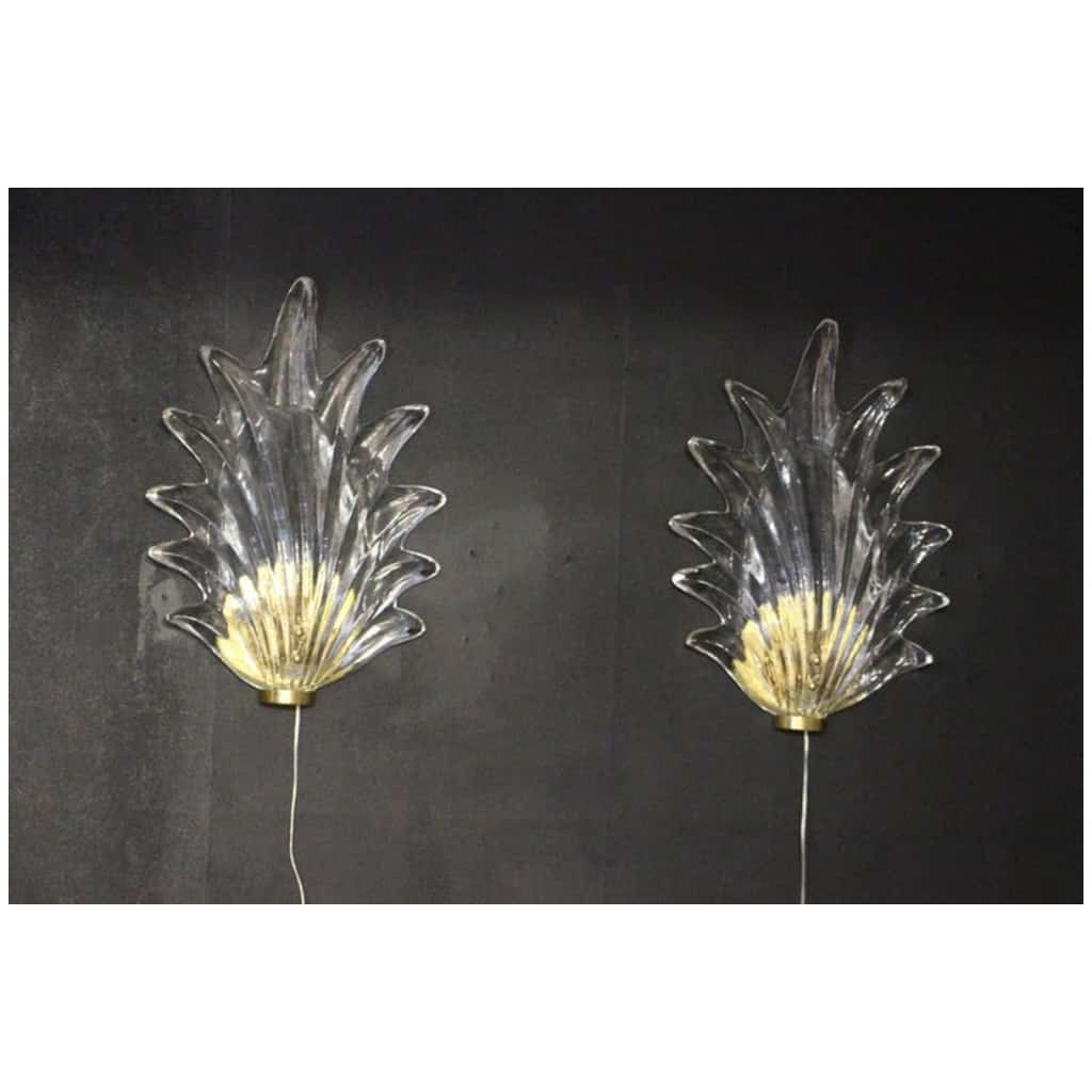 Paire d’Appliques Feuille en Verre de Murano Clair et Laiton de Style Barovier 16