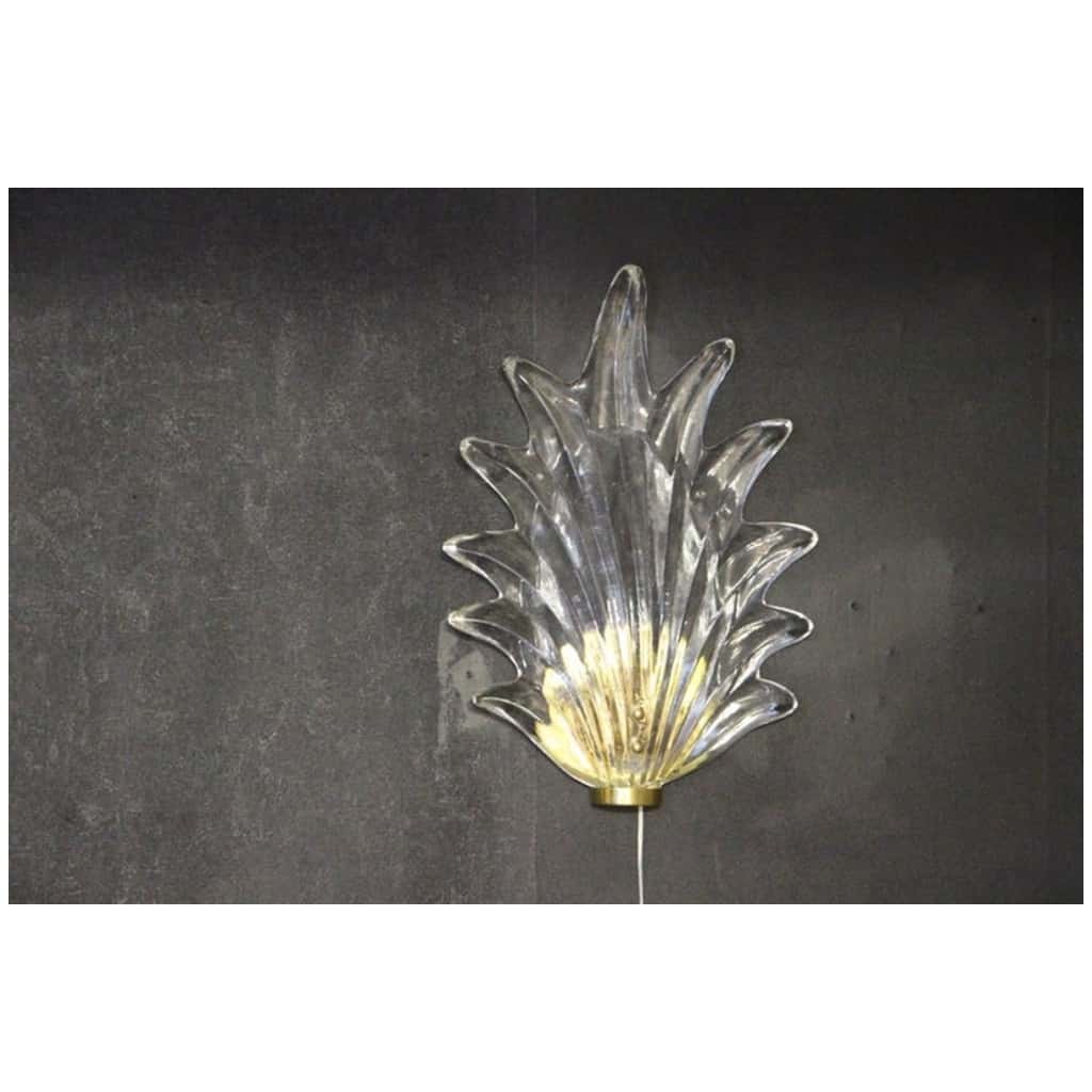 Paire d’Appliques Feuille en Verre de Murano Clair et Laiton de Style Barovier 18