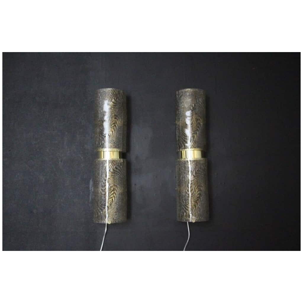 Pair of long wall sconces in smoked and frosted frosted Murano glass, in the shape of a cylinder 4