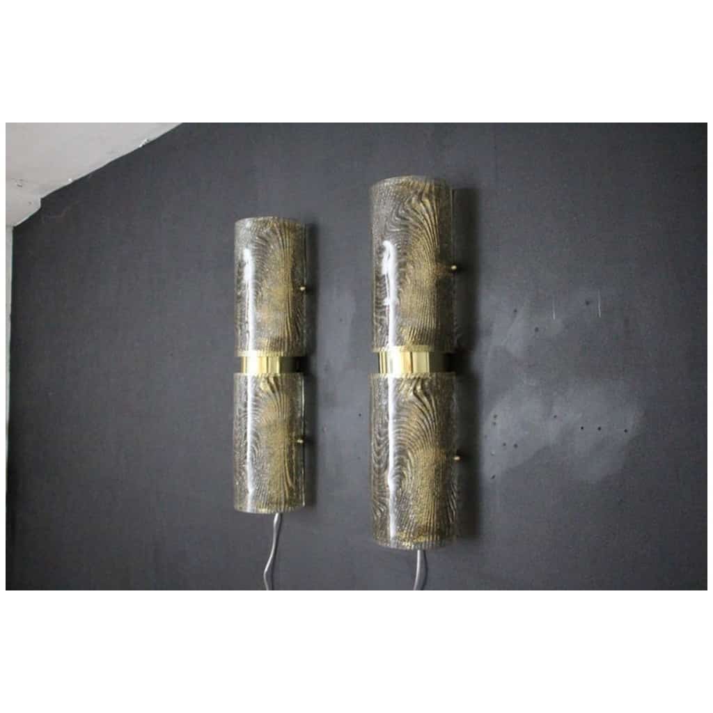 Paire de longues appliques murales en verre de Murano givré fumé et dépoli, en forme de cylindre 6
