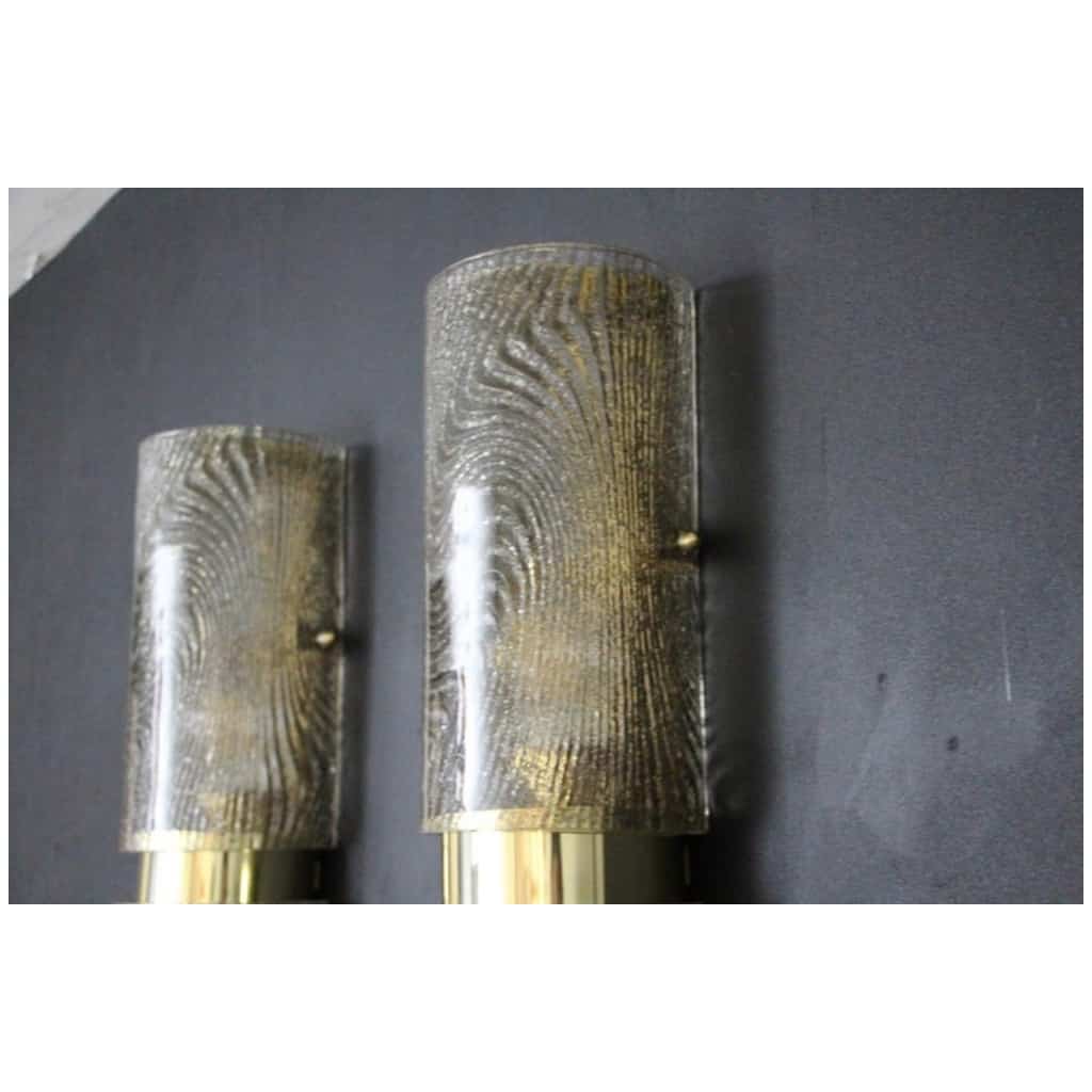 Pair of long wall sconces in smoked and frosted frosted Murano glass, in the shape of a cylinder 7