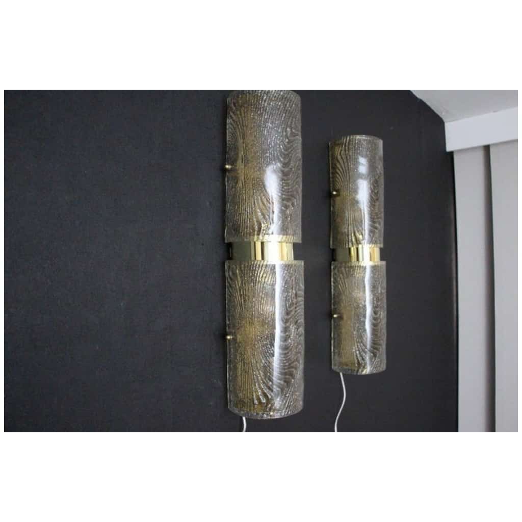 Pair of long wall sconces in smoked and frosted frosted Murano glass, in the shape of a cylinder 10
