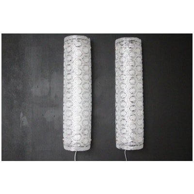 Pair of large cylindrical wall sconces in textured transparent and white Murano glass