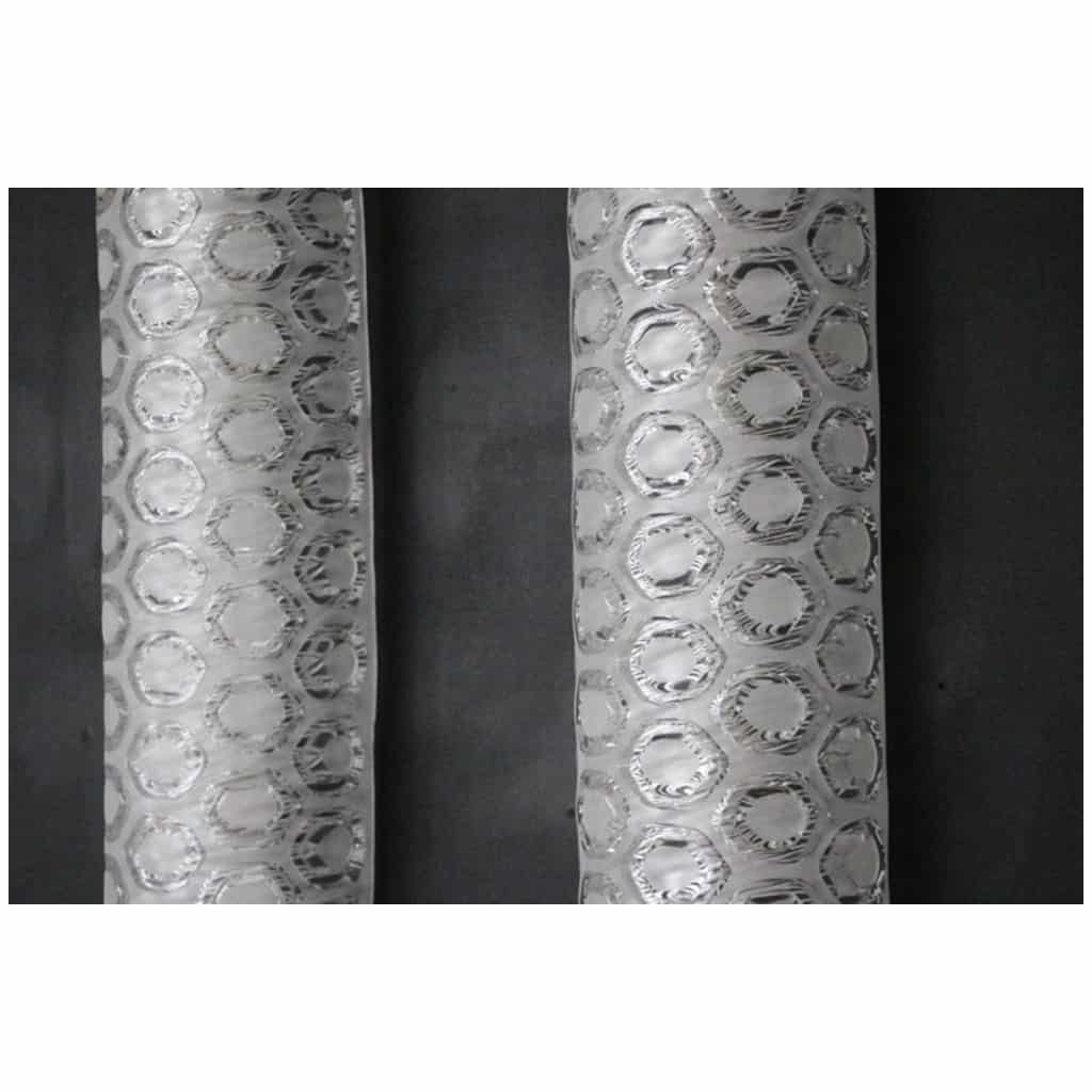 Pair of large cylindrical wall lights in textured transparent and white Murano glass 6