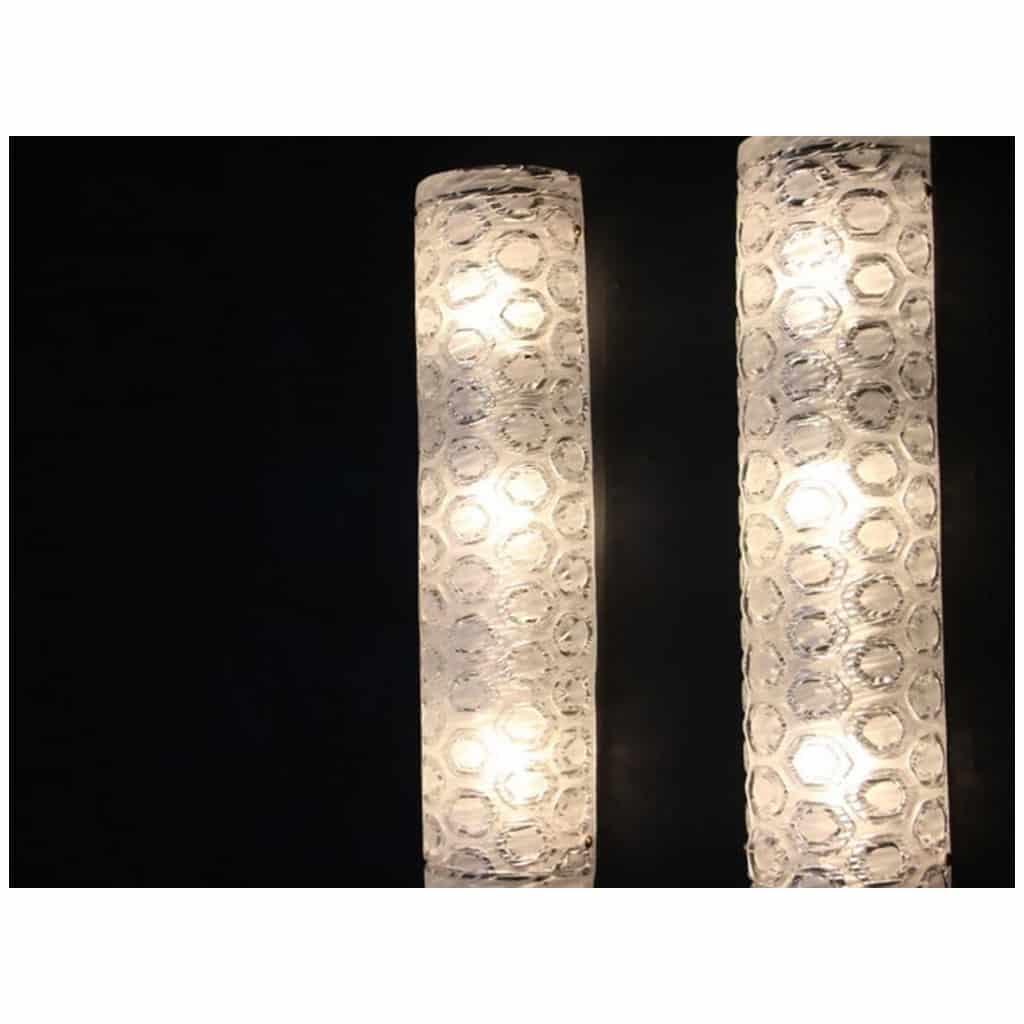 Pair of large cylindrical wall lights in textured transparent and white Murano glass 10