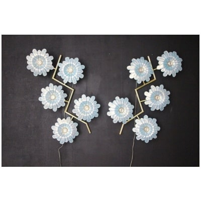 Large pair of sconces with flowers in iridescent blue Murano glass