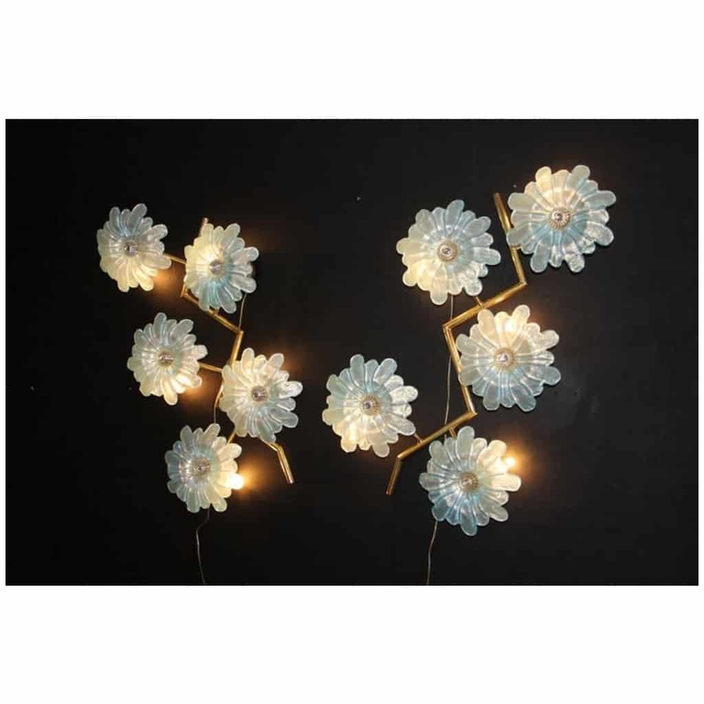 Large pair of sconces with flowers in iridescent blue Murano glass 10