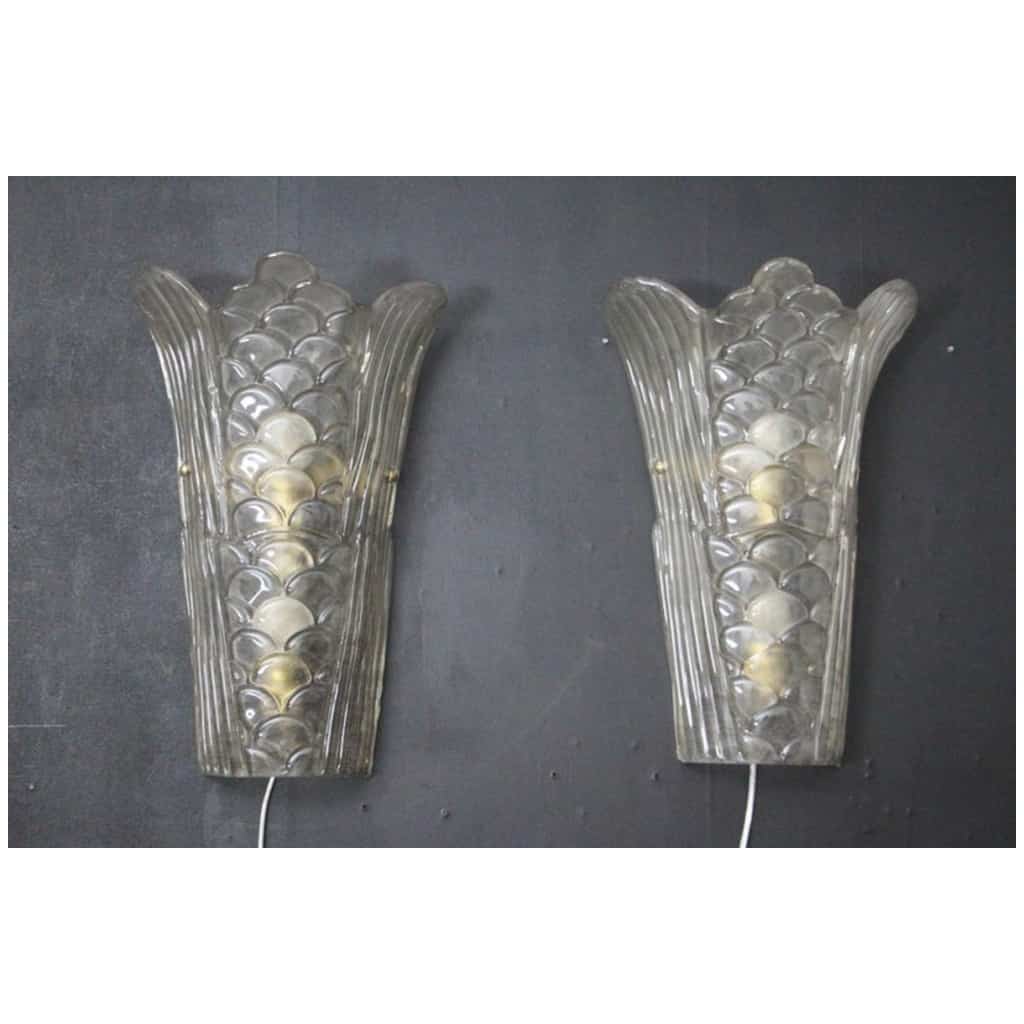 Pair of Art Deco wall sconces in molded Murano glass, transparent and frosted 3
