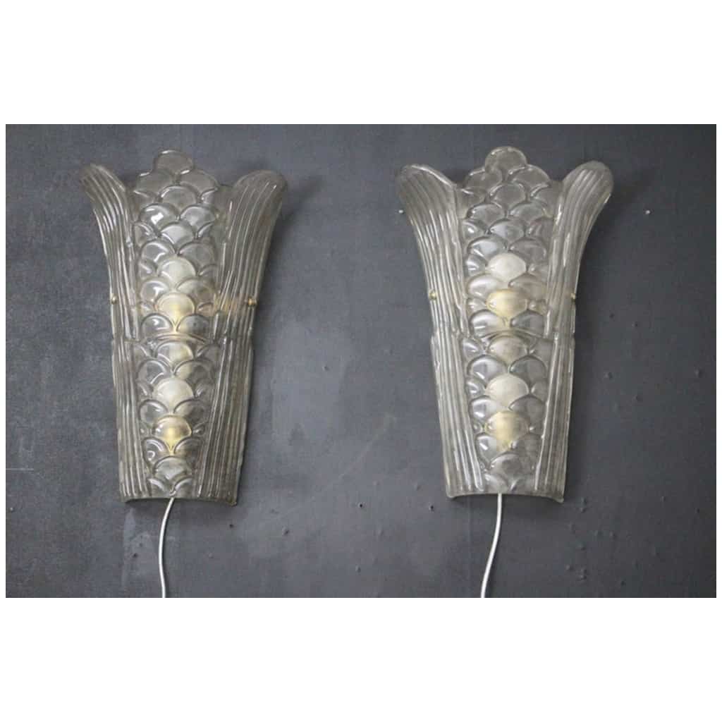 Pair of Art Deco wall sconces in molded Murano glass, transparent and frosted 8