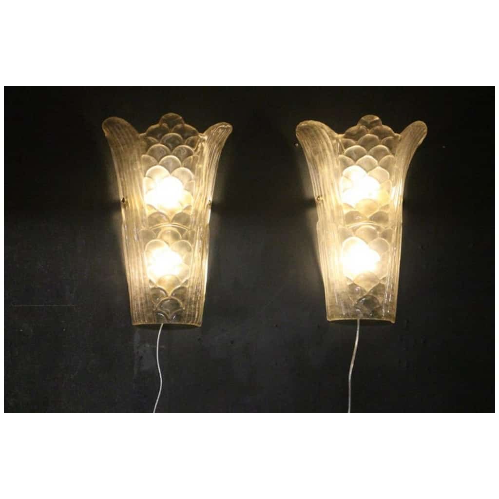 Pair of Art Deco wall sconces in molded Murano glass, transparent and frosted 9