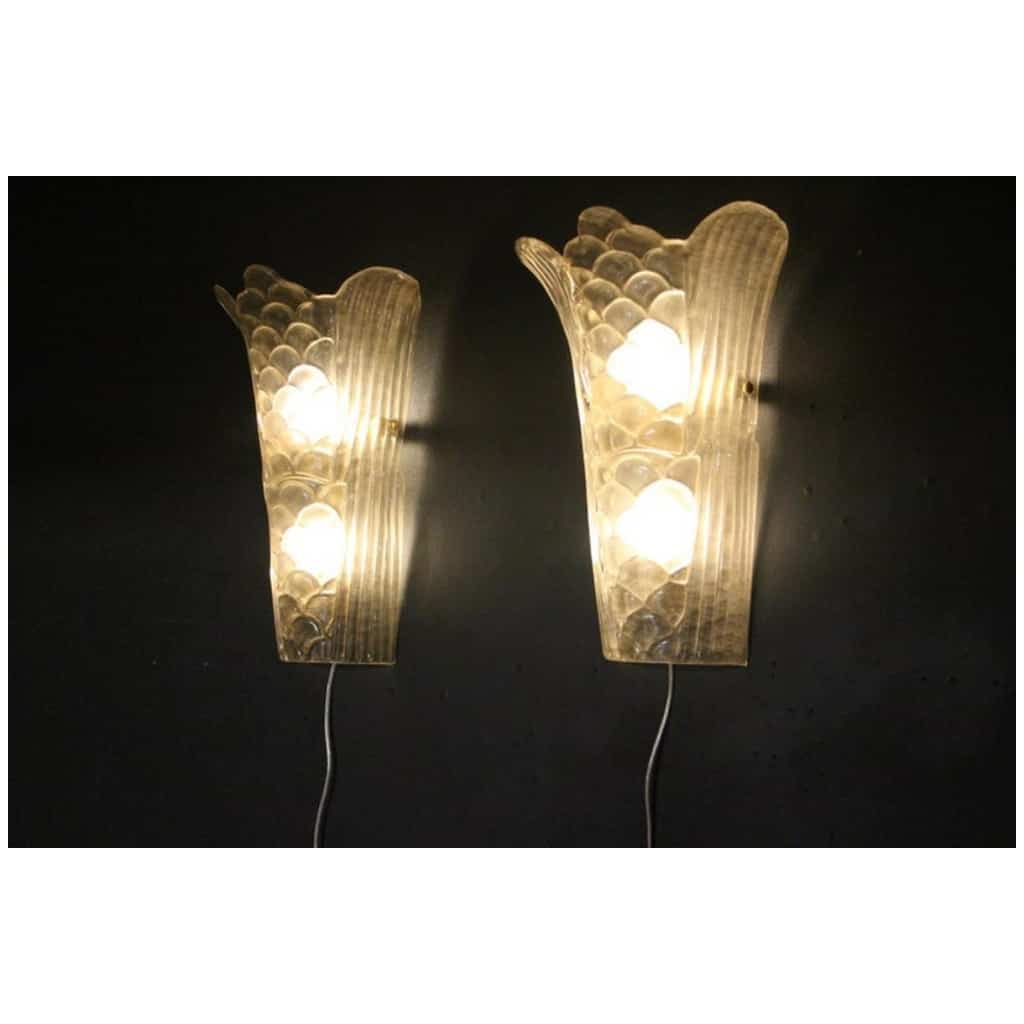 Pair of Art Deco wall sconces in molded Murano glass, transparent and frosted 11