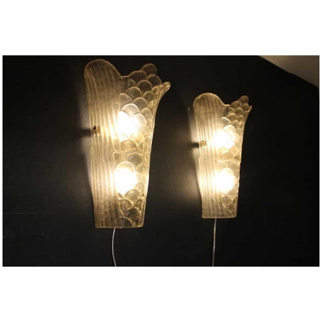 Pair of Art Deco wall sconces in molded Murano glass, transparent and frosted 13