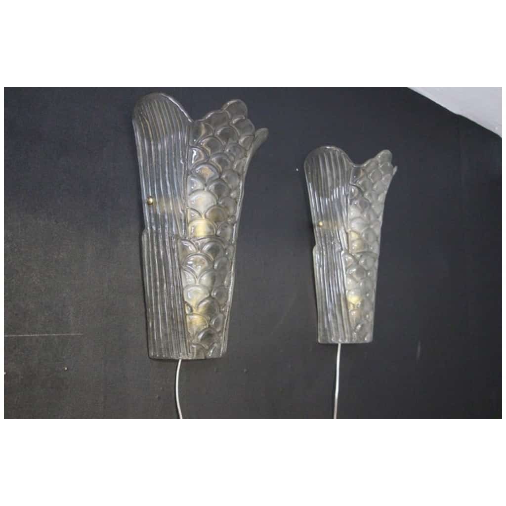 Pair of Art Deco wall sconces in molded Murano glass, transparent and frosted 14