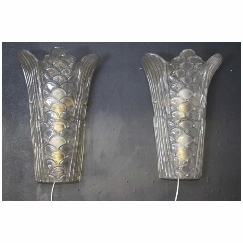 Pair of Art Deco wall sconces in molded Murano glass, transparent and frosted 15