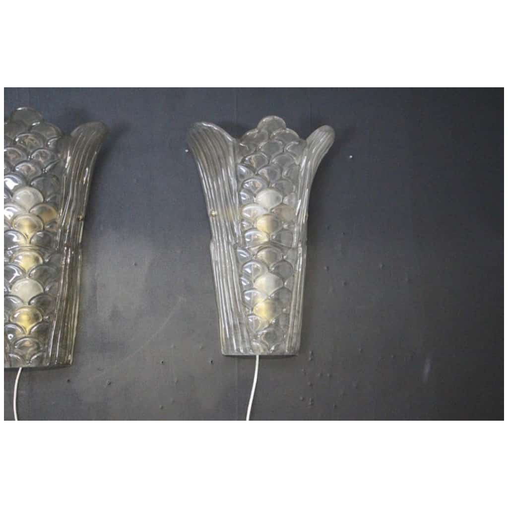 Pair of Art Deco wall sconces in molded Murano glass, transparent and frosted 16