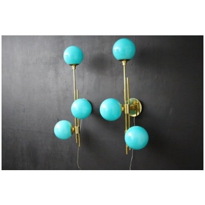 Mid Century Modern Italian Tiffany Blue Murano Glass Sconces in Brass and Blue Glass