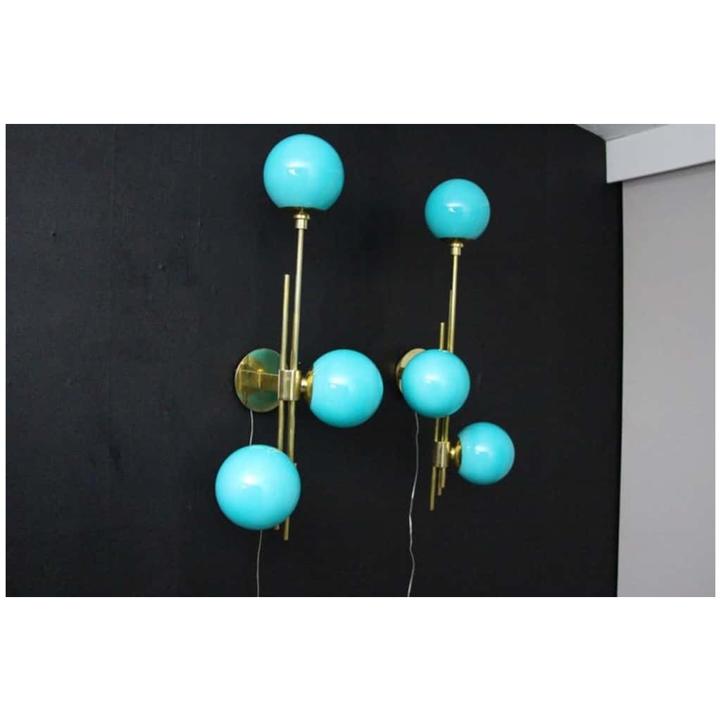 Mid Century Modern Italian Tiffany Blue Murano Glass Sconces in Brass and Blue Glass 4