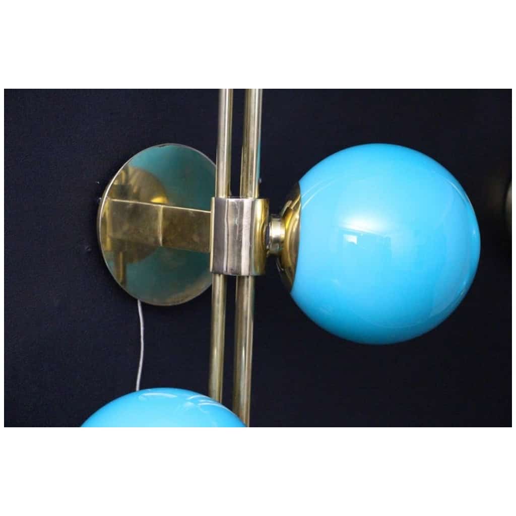 Mid Century Modern Italian Tiffany Blue Murano Glass Sconces in Brass and Blue Glass 5