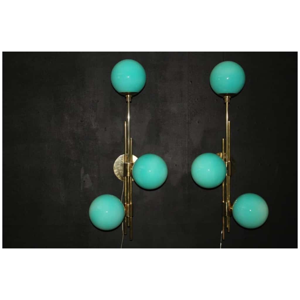Mid Century Modern Italian Tiffany Blue Murano Glass Sconces in Brass and Blue Glass 11