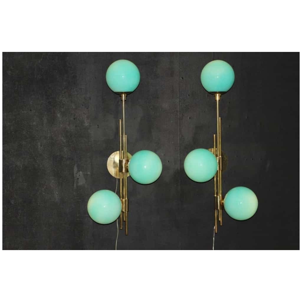 Mid Century Modern Italian Tiffany Blue Murano Glass Sconces in Brass and Blue Glass 12