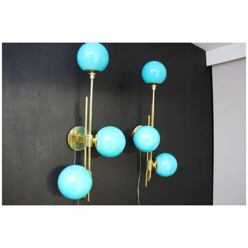 Mid Century Modern Italian Tiffany Blue Murano Glass Sconces in Brass and Blue Glass 17