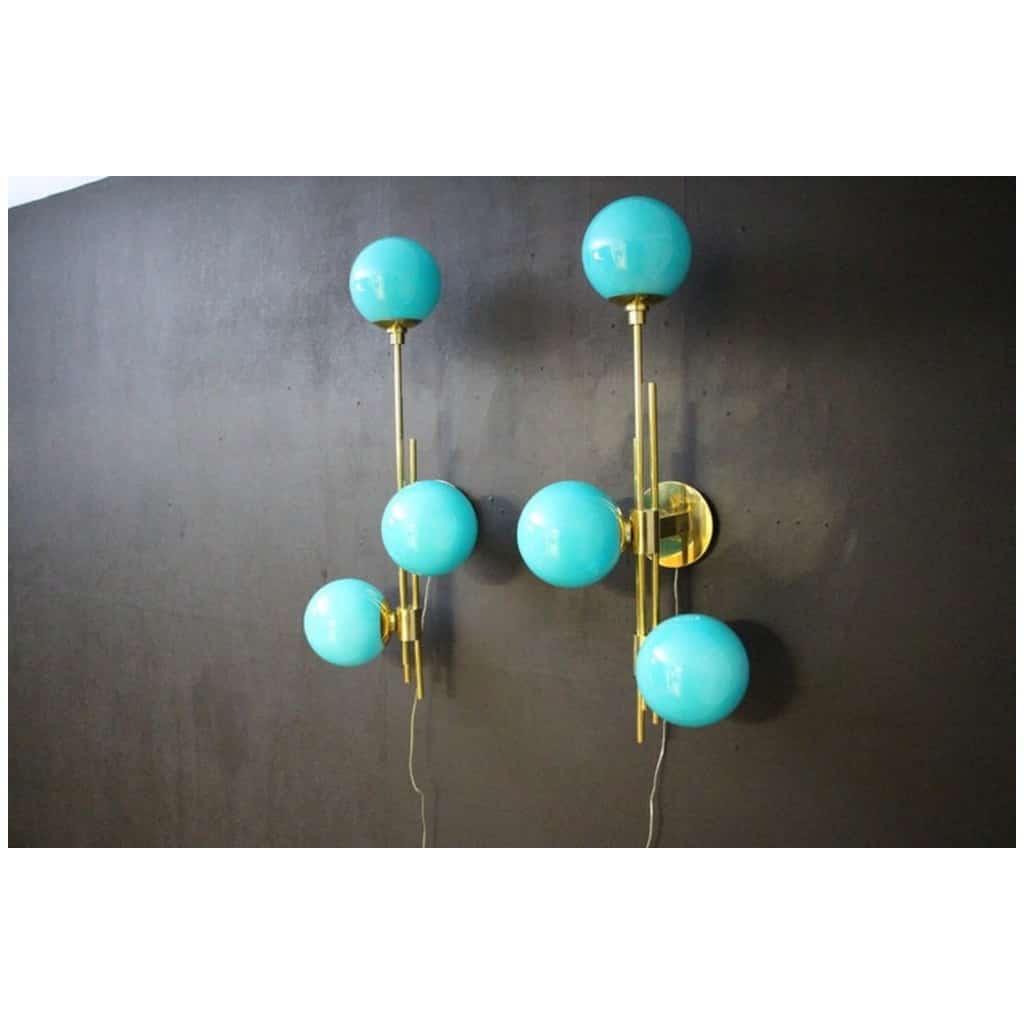 Mid Century Modern Italian Tiffany Blue Murano Glass Sconces in Brass and Blue Glass 18