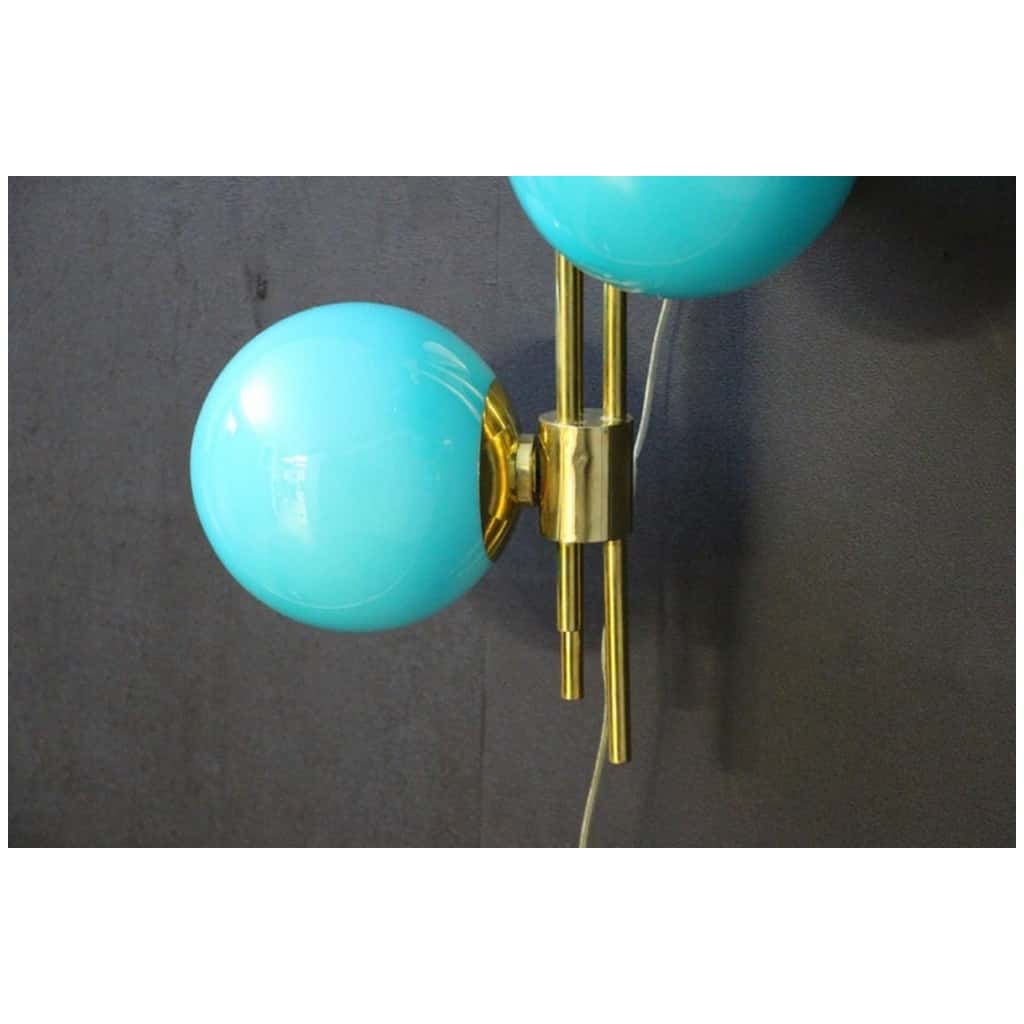 Mid Century Modern Italian Tiffany Blue Murano Glass Sconces in Brass and Blue Glass 19