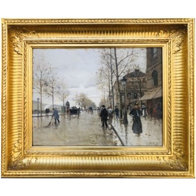 PETILLON Jules Paris animation quai de Gesvres en direction de la place du Châtelet Huile signée certificat