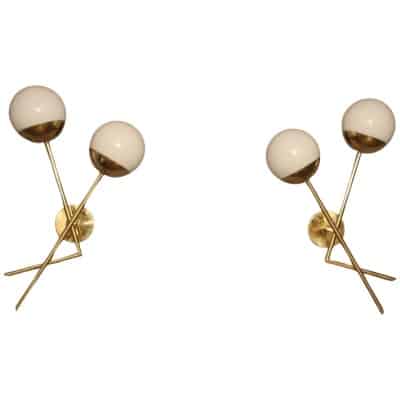 Pair of Italian Stilnovo Style Sconces in White Murano Glass and Brass