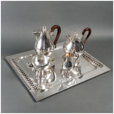 Jean Despres – Service Thé Café Art Déco Métal Argenté Martelé Et Gourmette