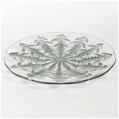 1921 René Lalique – Plat Assiette Pissenlit Verre Blanc Patiné Bleu