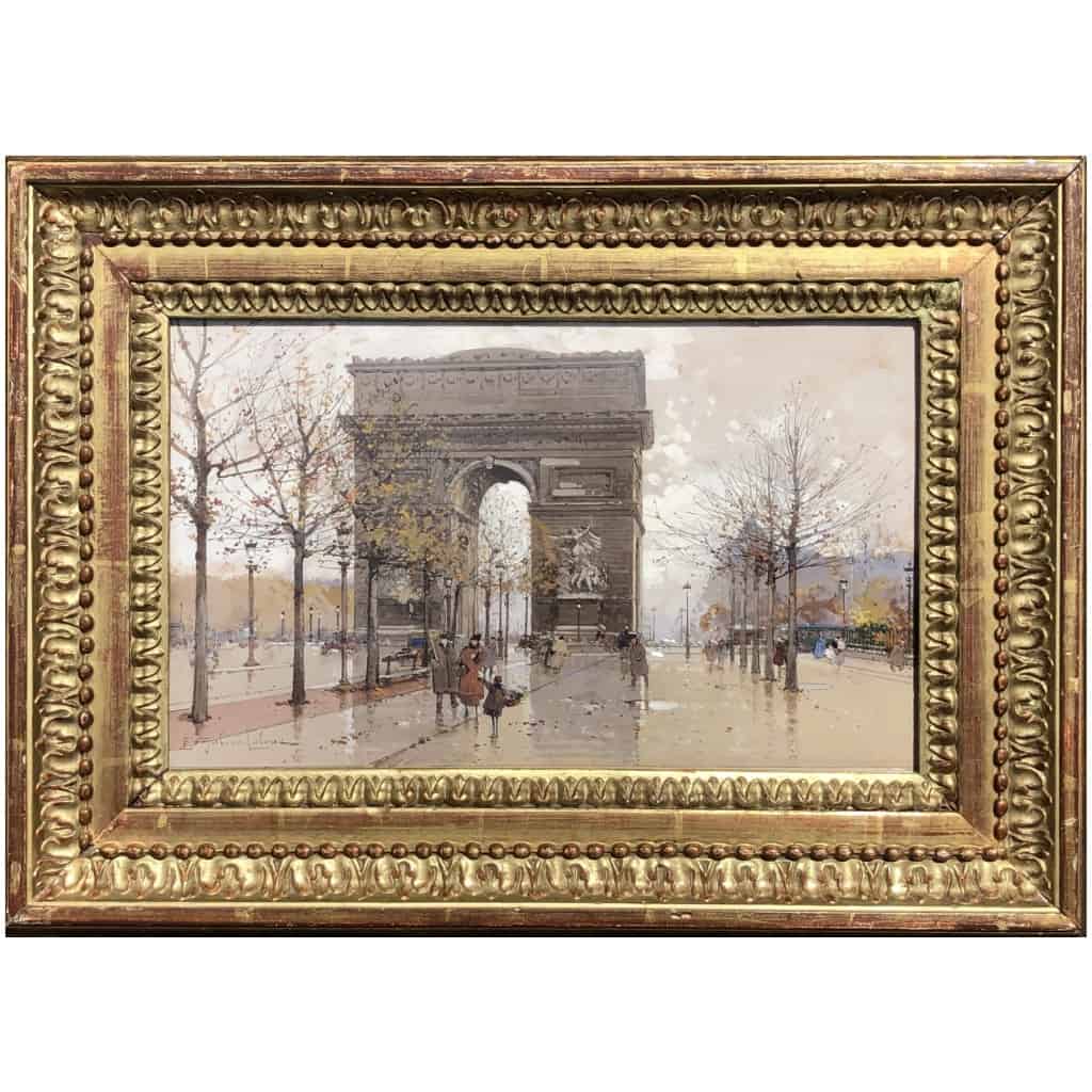 GALIEN LALOUE Eugène Peinture Française 20è siècle Paris Animation sur les Champs Elysées et l’Arc de Triomphe Gouache Signée 4