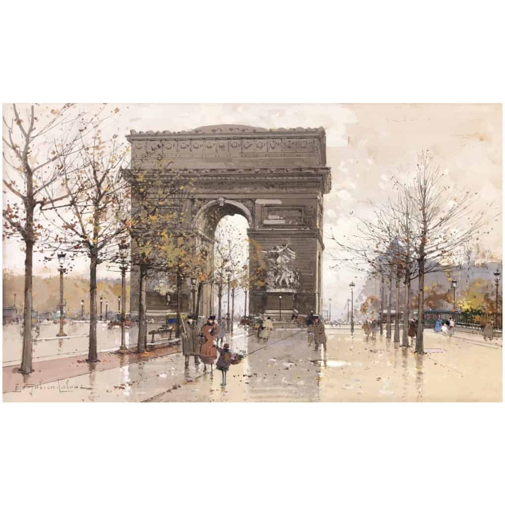 GALIEN LALOUE Eugène French Painting 20th Century Paris Animation on the Champs Elysées and the Arc de Triomphe Gouache Signed 9