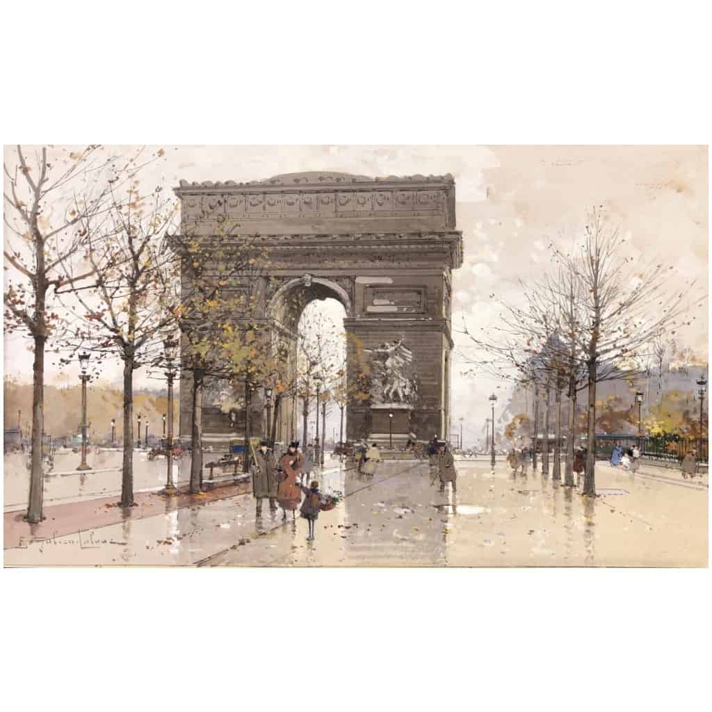 GALIEN LALOUE Eugène French Painting 20th Century Paris Animation on the Champs Elysées and the Arc de Triomphe Gouache Signed 8