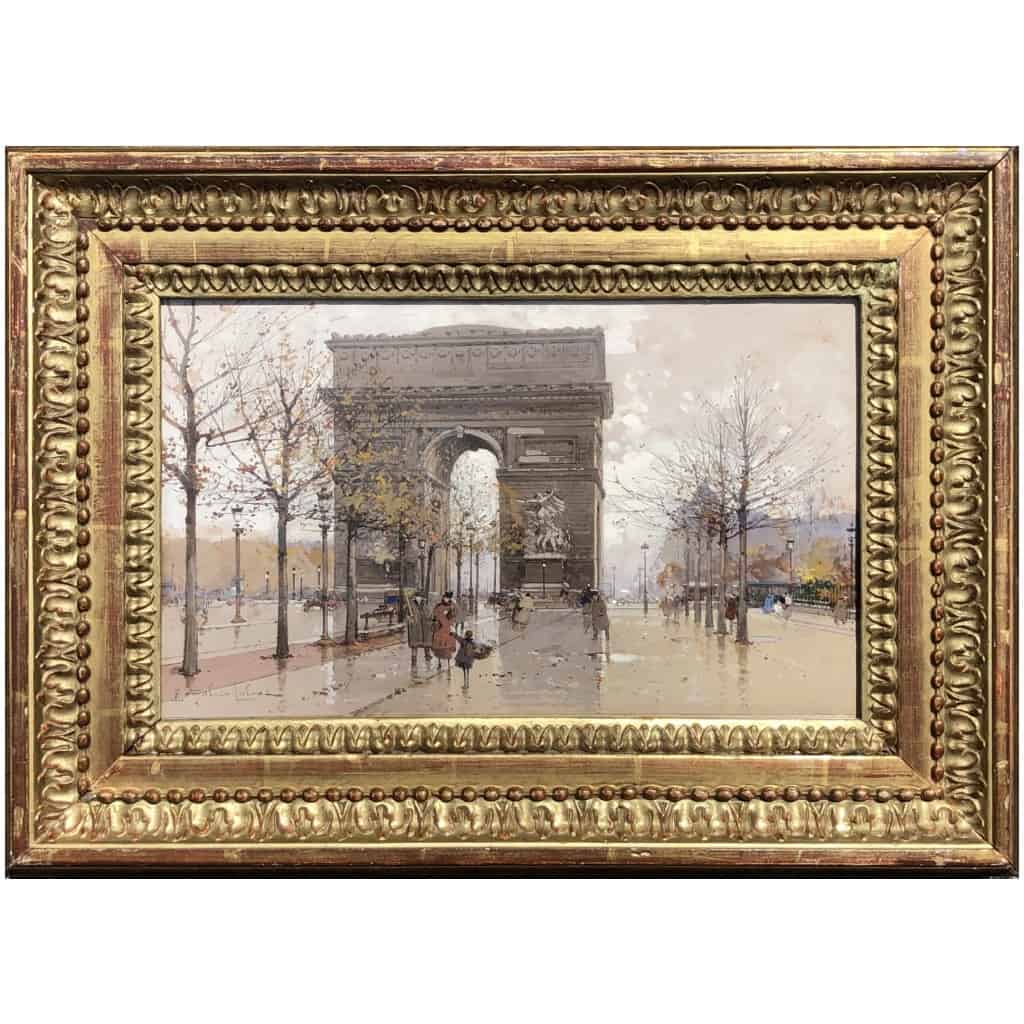 GALIEN LALOUE Eugène French Painting 20th Century Paris Animation on the Champs Elysées and the Arc de Triomphe Gouache Signed 3