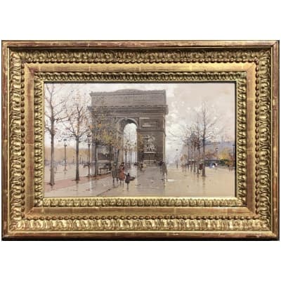 GALIEN LALOUE Eugène French Painting 20th Century Paris Animation on the Champs Elysées and the Arc de Triomphe Gouache Signed